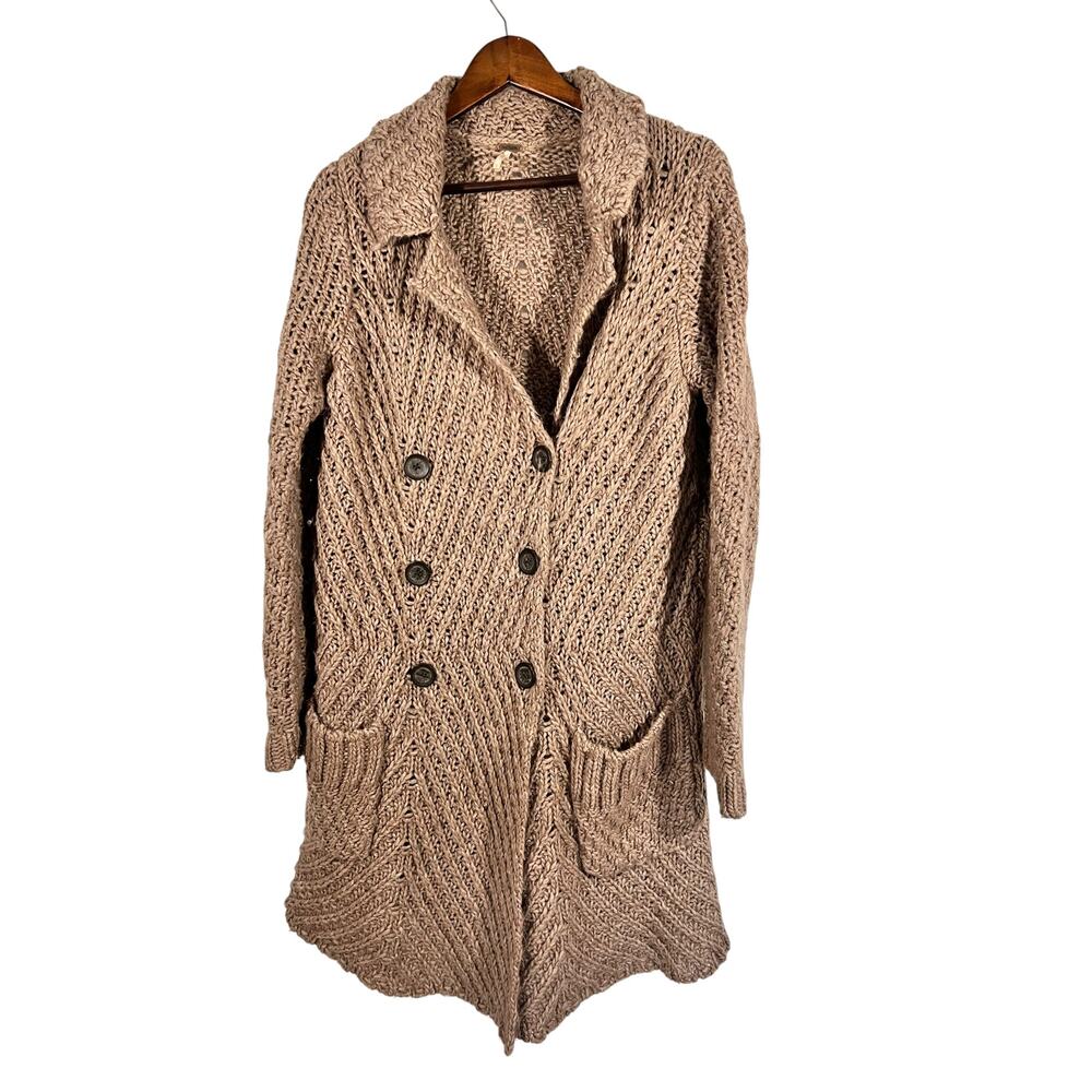 Free People Chunky Alpaca Sweater Coat Cozy Long Cardigan Beige L - Picture 3 of 11